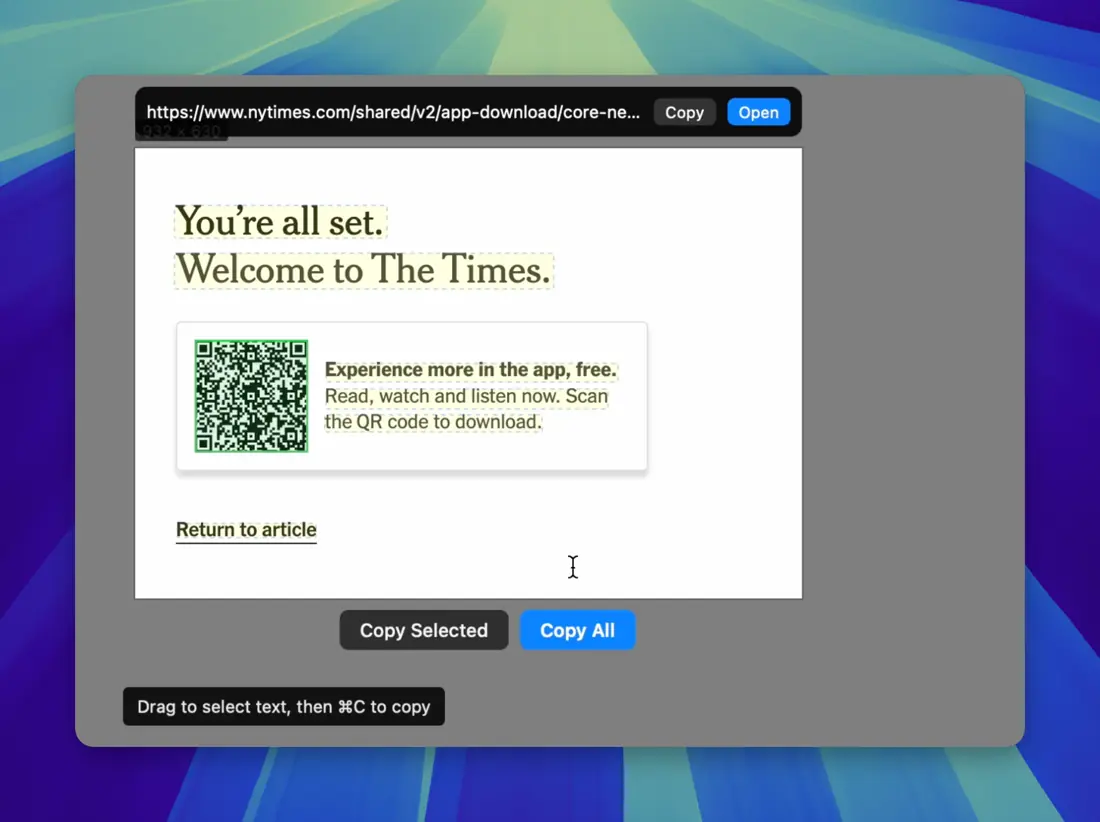 Selecting text inside a screenshot and copying it with iShot